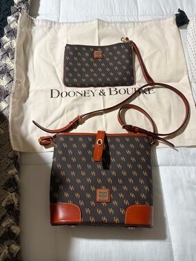Dooney & Bourke Brown DB Monogram Crossbody with Chestnut Trim and Wristlet